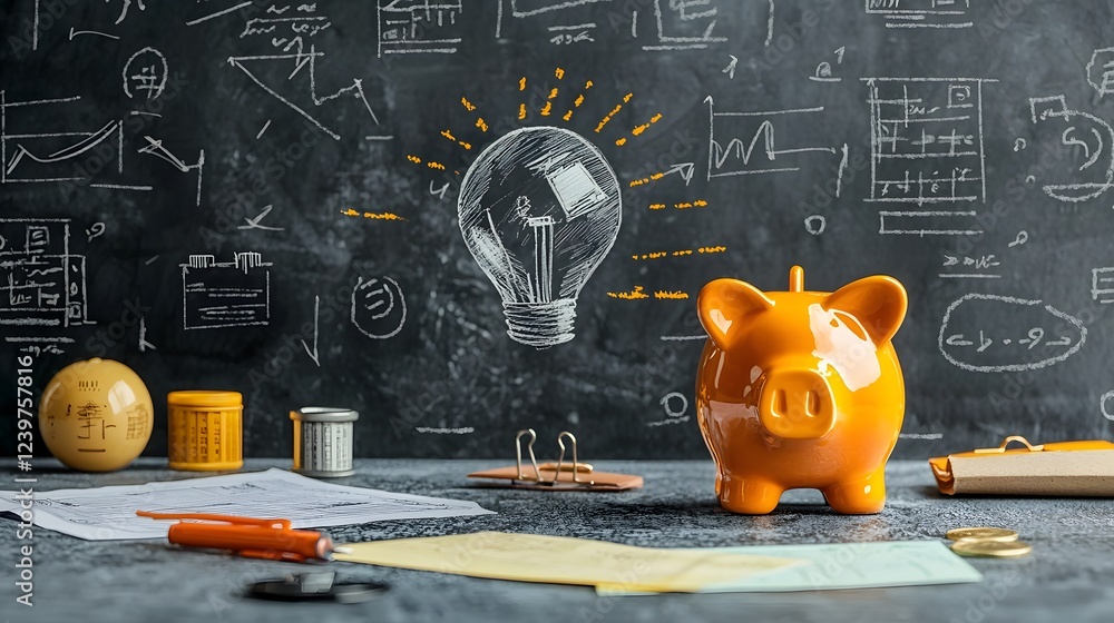 Poster workspace of a young entrepreneur equipped with financial planning tools and a piggy bank savings th