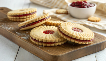 Sandwich biscuits with jam filling on wooden board