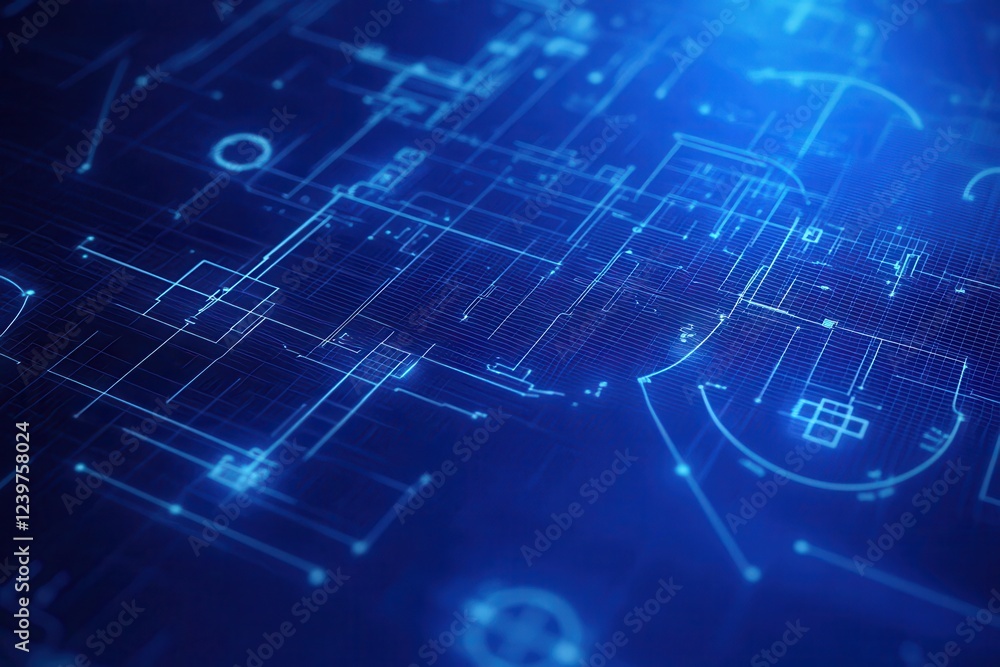 Poster abstract digital blueprint: glowing lines and circuits in deep blue.