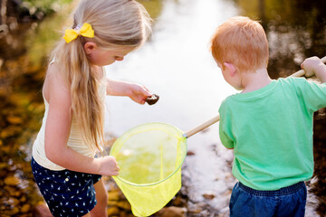 Development, fishing and kids with net at river in nature together for bonding, curiosity or...