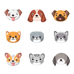 Cute animal head illustration icon set bundle. Adorable cartoon wildlife collection