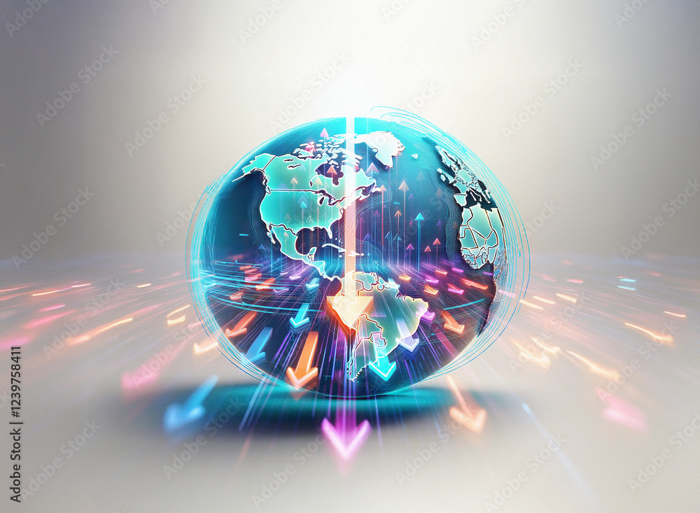 Poster a double exposure image depicts a translucent globe with arrows converging, symbolizing global conne