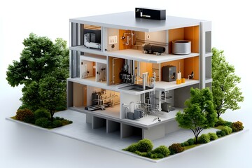 Detailed cutaway of a residential building revealing the concealed plumbing electrical and mechanical infrastructure systems