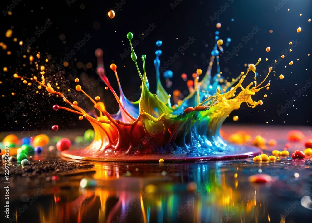 Poster a high-depth-of-field photograph showcases an abstract composition of colorful splatters.