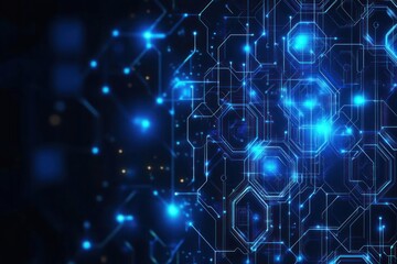 Obraz premium Blue circuit board with glowing lines and polygonal shapes for tech, science, and futuristic designs