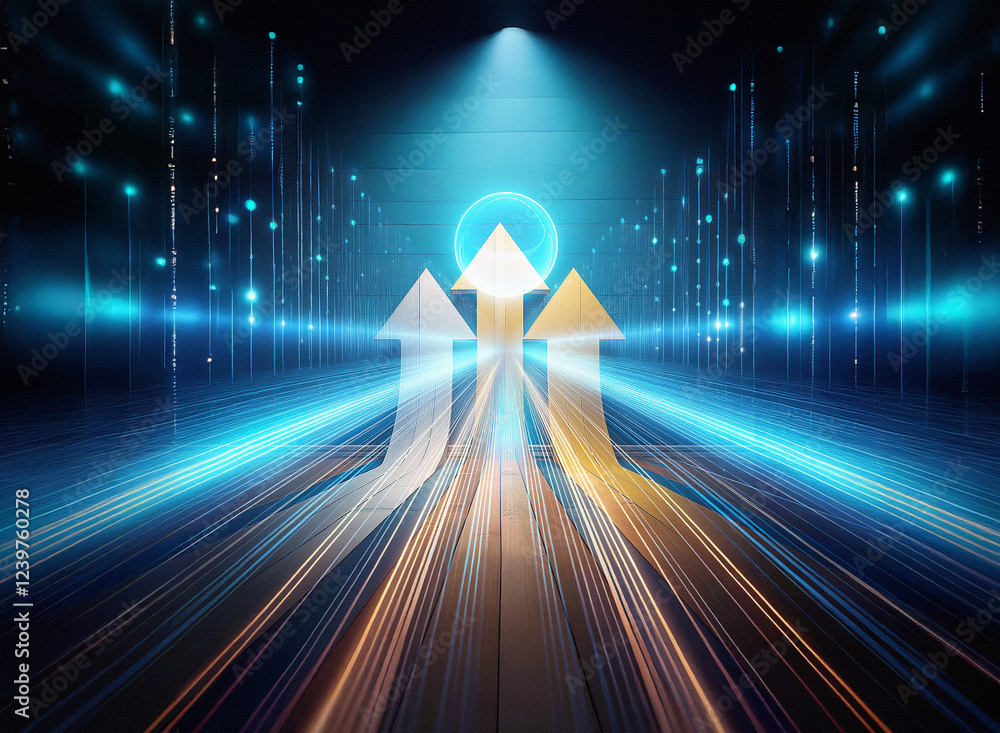 Poster a double exposure image depicts three luminous arrows converging on a bright circle, symbolizing upw
