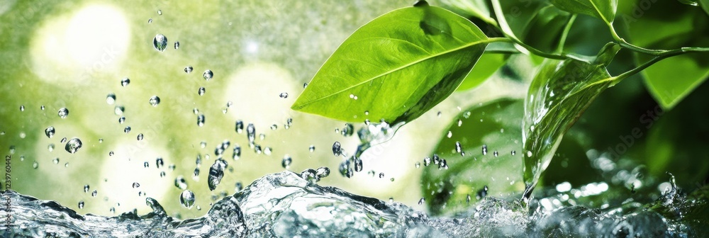 Aufkleber water splashes around vibrant green leaves in fresh nature setting during daylight hours. generative