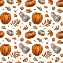 Rustic orange and grey pumpkins,fall leaves,physalis,rowan berries in seamless pattern as a festive holiday symbol.Decoration for Thanksgiving.Watercolor clipart on transparent background