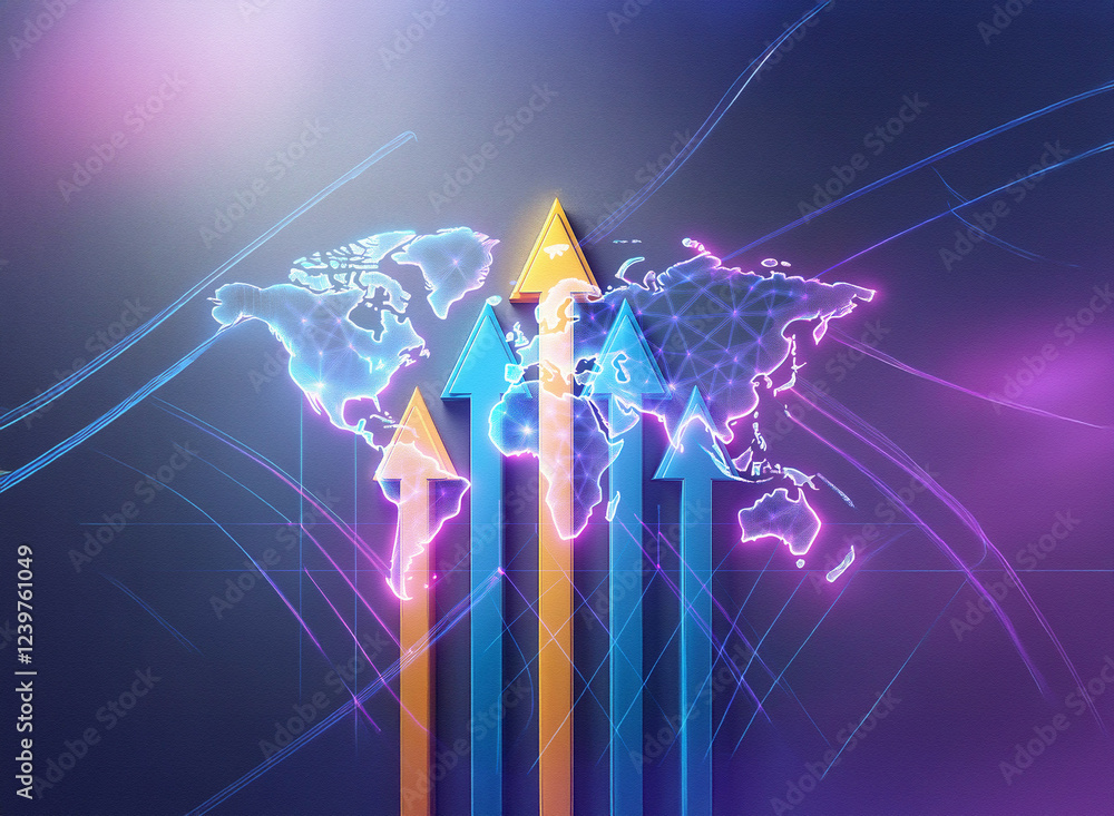 Aufkleber a double exposure image depicts a glowing world map with several upward-pointing arrows, symbolizing