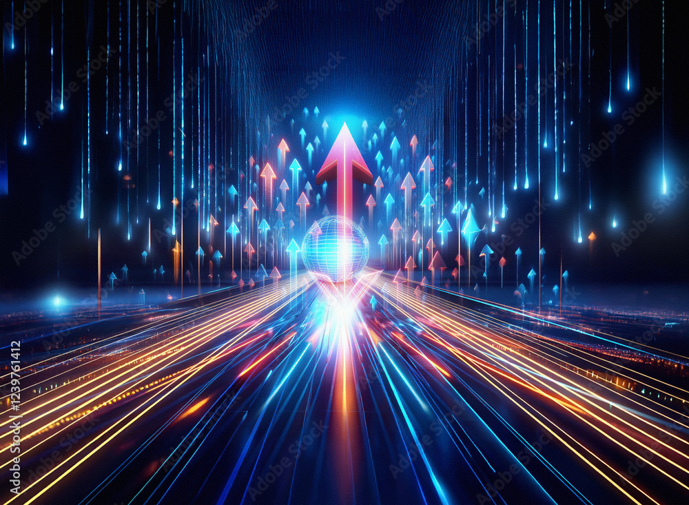Poster a double exposure image depicts a futuristic highway of light streaks converging on a central glowin