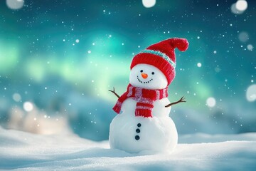 a magical winter scene with a cheerful snowman under twinkling stars and northern lights