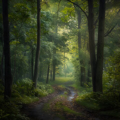 Fototapeta premium Tranquil Morning Walk Through a Serene Forest Pathway