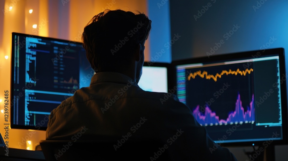 Poster nighttime coder analyzing financial data on multiple monitors