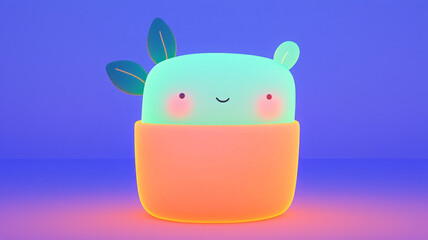 Naklejka premium Cute cartoon character with glowing pot and leaves, cheerful expression