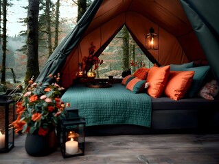 Luxurious forest glamping tent with a sumptuous interior adorned in soft fabrics ambient lanterns and serene floral decor