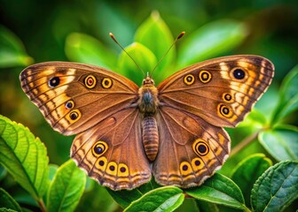 Obraz premium Intricate brown butterfly, circled wings, rests on a leaf, captured in stunning macro.