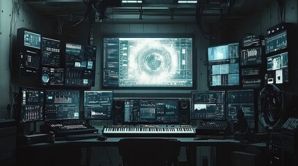 Futuristic control room with multiple monitors displaying data and graphics.