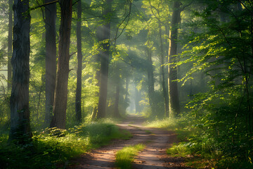 Tranquil Morning Walk Through a Serene Forest Pathway