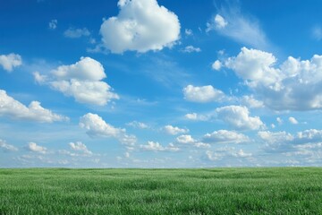 Fototapeta premium Vast green field under a bright blue sky filled with fluffy white clouds on a sunny day. Generative AI