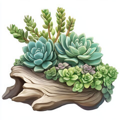 Fototapeta premium Succulent plants arranged on wooden log, showcasing vibrant colors and textures