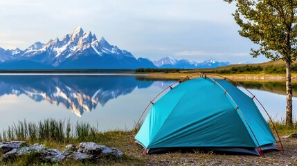 Teal Tent by Calm Lake with Mountain Reflection