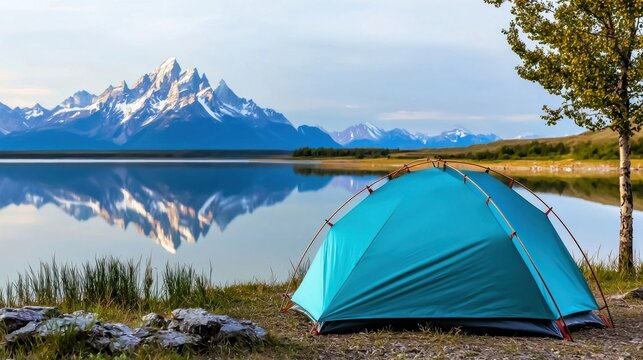 Teal Tent by Calm Lake with Mountain Reflection