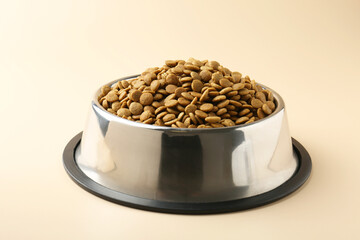 Dry pet food in feeding bowl on beige background