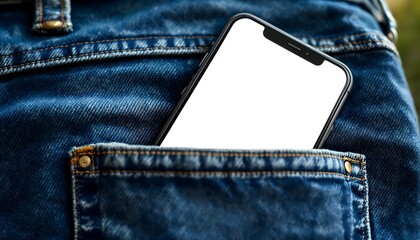 A smartphone with a blank screen tucked into the back pocket of denim jeans. This image represents modern lifestyle, convenience, and the integration of technology into daily life.