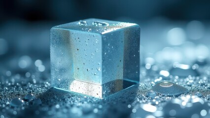 Close-up of melting ice cubes with salt crystals on a reflective surface	