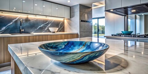 Long exposure photography reveals the abstract texture of a blue-gray marble dish in a serene kitchen still life.