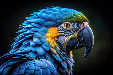 Fototapeta premium Low-light magic reveals the Arara Azul's vibrant blue plumage in breathtaking detail.