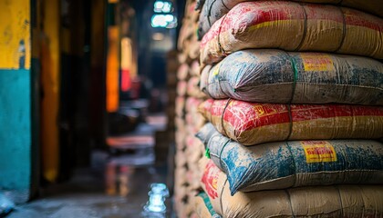 Obraz premium Stacked Sacks Of Weathered Material Inside A Building