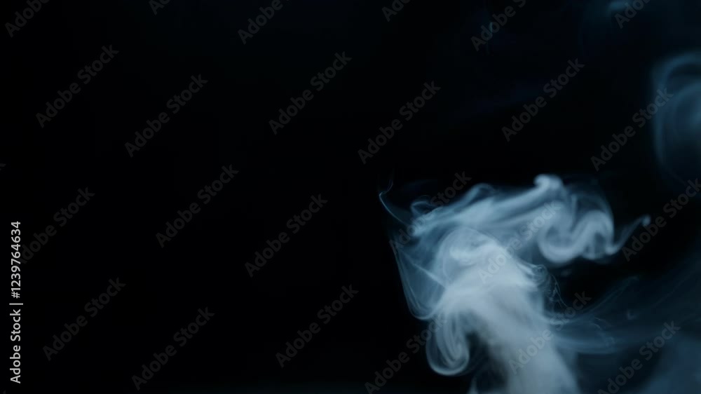 Poster white smoke rising and swirling gracefully against deep black background, generating mysterious ethe