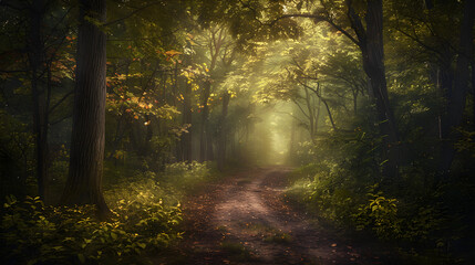 Tranquil Morning Walk Through a Serene Forest Pathway
