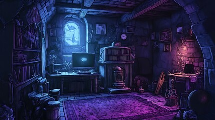 A dimly lit room with a large window, a fireplace, and an arched entrance