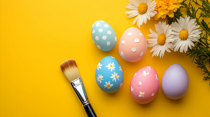 easter eggs and flowers on blue background