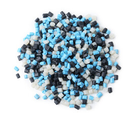 Pile of colorful plastic granules isolated on white, top view