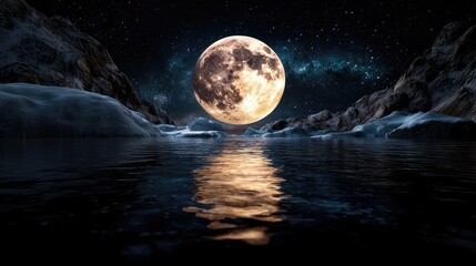 Curtains Full moon over snowy mountains reflected in calm water, night sky