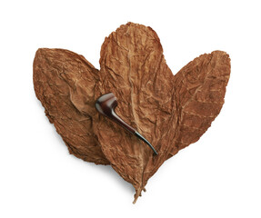 Dried tobacco leaves and smoking pipe isolated on white, top view