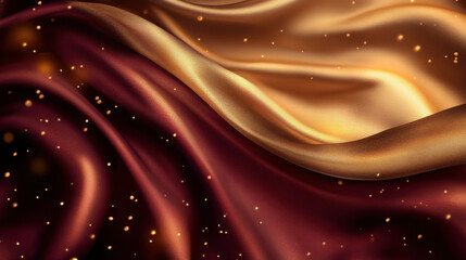 A beautifully crafted golden background, enveloped by gracefully flowing crimson silk waves
