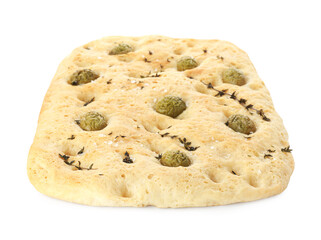 Delicious focaccia bread with olives, salt and thyme isolated on white