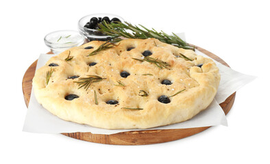 Delicious focaccia bread with olives, salt and rosemary isolated on white