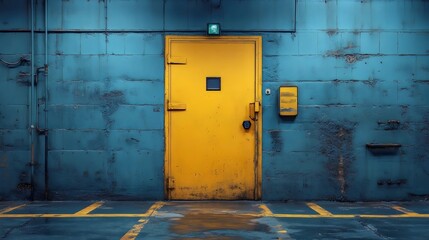 A yellow door is in front of a blue wall