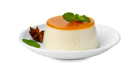 Tasty pudding with caramel sauce and mint isolated on white