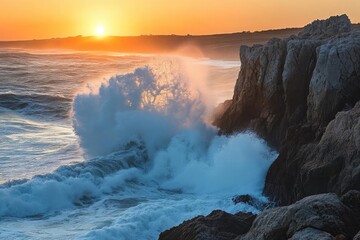 a powerful wave crashes against rocky cliffs at sunset ocean spray illuminated