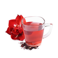 Tasty hibiscus tea in glass cup and flower isolated on white