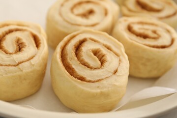 Many uncooked cinnamon rolls in baking dish, closeup