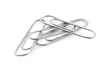 Many metal paper clips isolated on white