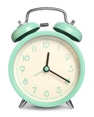 One turquoise alarm clock isolated on white