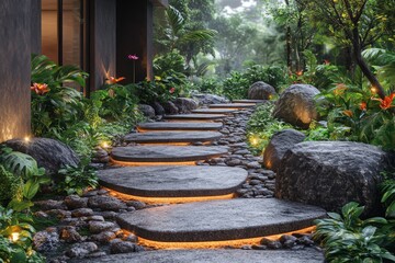 Illuminated stone path, tropical garden, misty background, spa design